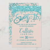 乙女の頬色 ピンクアクアブルー グリッター ダスト スウィート16 招待状 (正面/裏面)