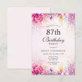乙女チックな花柄パステルカラーの水彩画スタイルのおしゃれな87歳の誕生日 招待状 (正面/裏面)