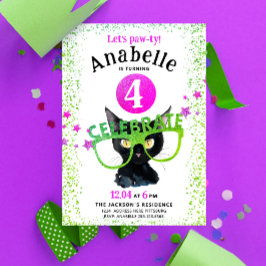 乙女ピンク 緑 黒 猫の手 グリッター 水彩画 招待状