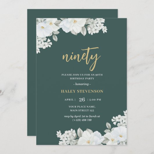 九万緑&金ゴールドホワイトフローラ誕生日 招待状 (正面/裏面)