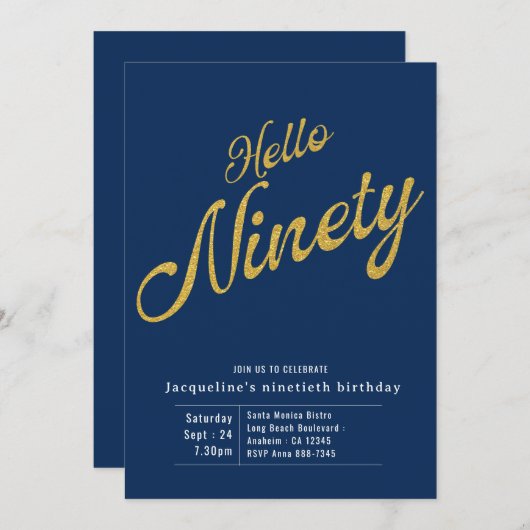 九万青モダン金ゴールド90誕生日 招待状 (正面/裏面)