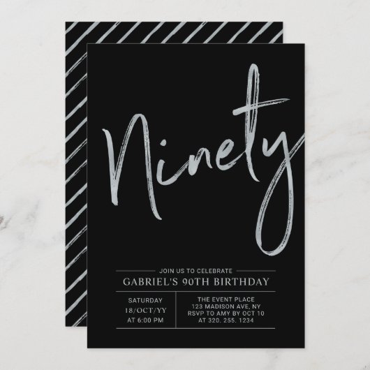 九十 |シルバーモダン&ブラック90thバースデーパーティー 招待状 (正面/裏面)