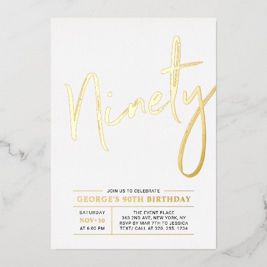 九十 |モダン金ゴールド90th誕生日パーティー 箔招待状 (正面)