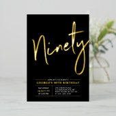 九十 |モダン金ゴールド&ブラック90thバースデーパーティー 箔招待状 (立ち正面)