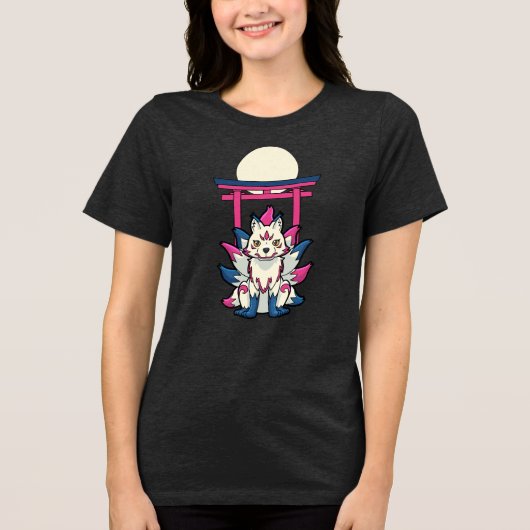 九尾の狐 - 面白い妖怪 トライブレンドTシャツ (正面)
