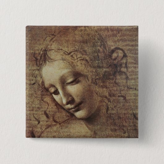 乱された毛を搭載する若い女性の頭部または、レダ 缶バッジ (正面)