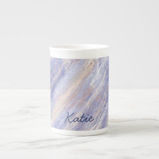 乱雑な抽象芸術ブルーとベージュ絵を描ストローク ボーンチャイナマグカップ (正面)