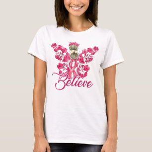 乳がんと闘うピンクリボンの天使と花 Tシャツ
