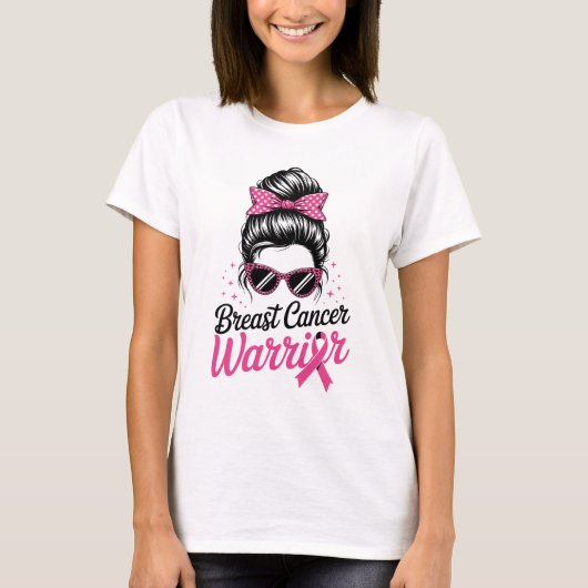乳がんと闘う戦士のポニーテール ピンクリボン Tシャツ (正面)