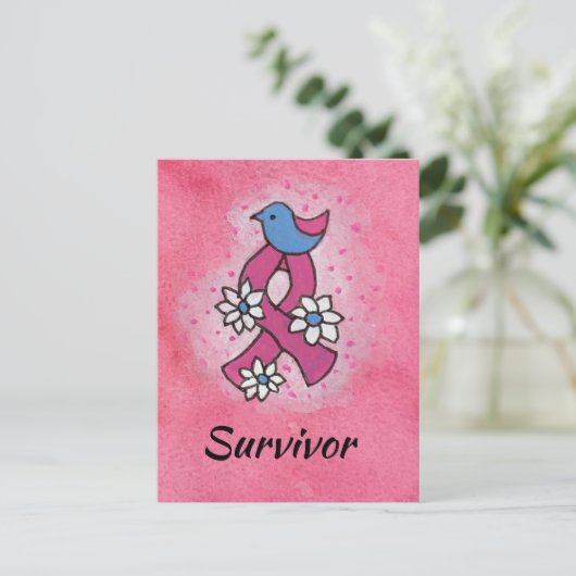 乳がんを克服したピンクのリボンの鳥の花 ポストカード (スタンド正面)