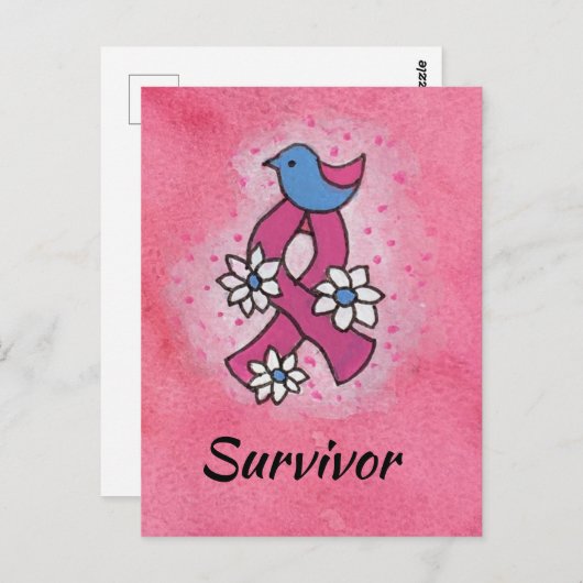 乳がんを克服したピンクのリボンの鳥の花 ポストカード (正面/裏面)