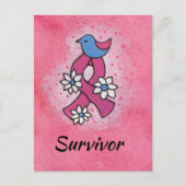 乳がんを克服したピンクのリボンの鳥の花 ポストカード (正面)