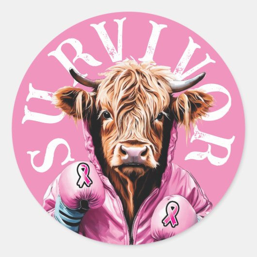 乳がんを克服したピンク色の牛 ラウンドシール (正面)