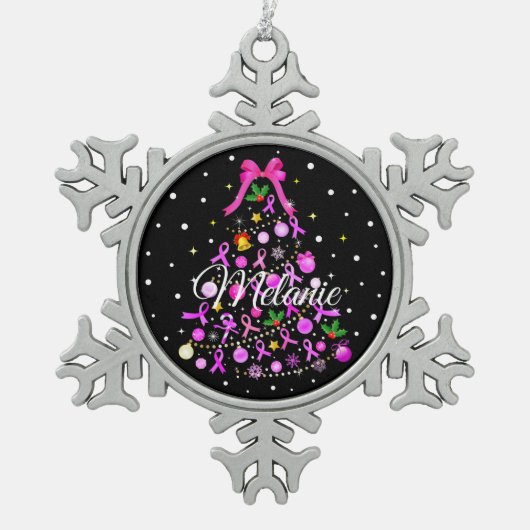 乳がんクリスマスツリー スノーフレークピューターオーナメント (正面)