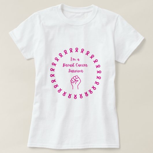 乳がんサバイバー ピンクの拳 白Tシャツ Tシャツ (デザイン正面)