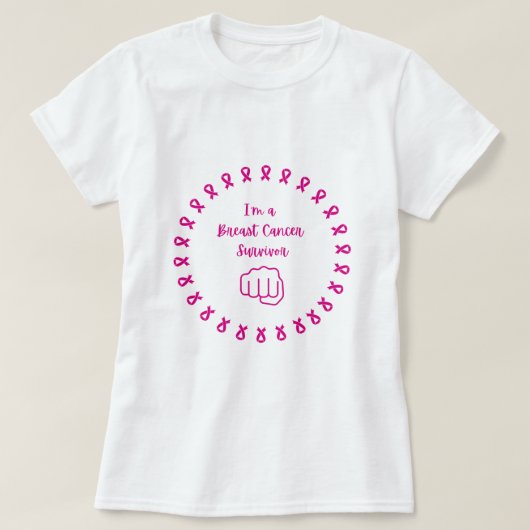 乳がんサバイバー ピンクの拳 白Tシャツ Tシャツ (デザイン正面)