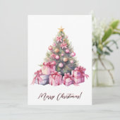 乳がんピンクのクリスマスツリーの水彩アート シーズンカード (スタンド正面)