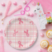 乳がんピンクリボンプレイドパターン ペーパープレート (パーティー)