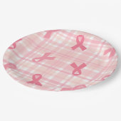 乳がんピンクリボンプレイドパターン ペーパープレート (アングル)
