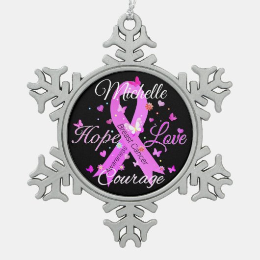 乳がんホープ愛の勇気スノーフレークペーターC スノーフレークピューターオーナメント (正面)