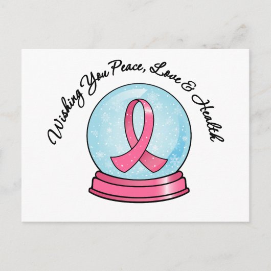乳がんリボン陽気なクリスマスのスノーグローブ シーズンポストカード (正面)