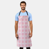 乳がん啓発チェック柄ピンクリボン エプロン (着用した状態)