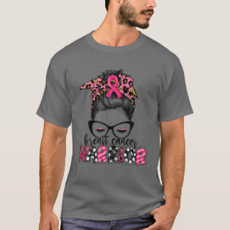 乳がん戦士レオパード乱雑Bun乳缶 Tシャツ