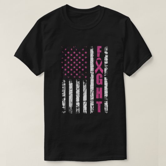 乳がん認識度アメリカ国旗とピンクR Tシャツ (デザイン正面)