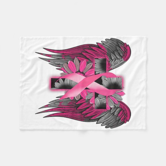 乳がん認識度エンジェルウィングフラワークロスPi フリースブランケット (正面(横))