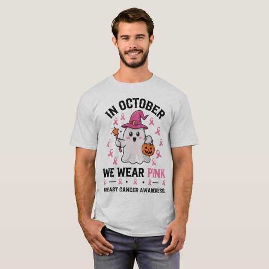 乳がん認識度ハロウィーン幽霊デザイン Tシャツ (正面フル)