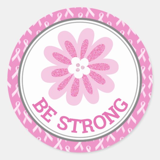 乳がん認識度ピンクグリッター花 ラウンドシール (正面)