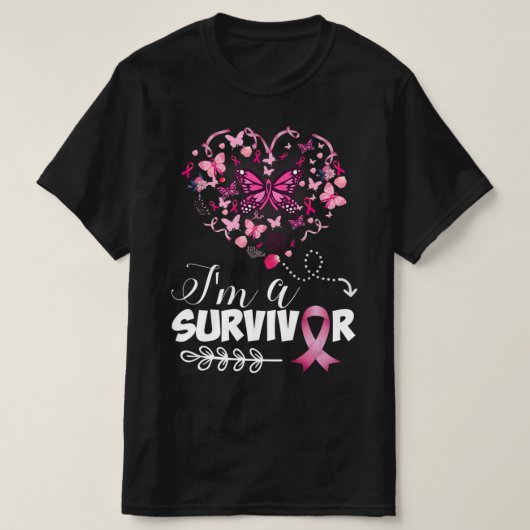 乳がん認識度ピンクバタフライハート Tシャツ (デザイン正面)