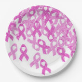 乳がん認識度ピンクベルベットリボンプレート ペーパープレート (正面)