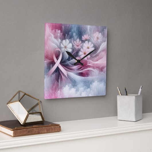 乳がん認識度ピンクリボン抽象芸術 スクエア壁時計 (オフィス)