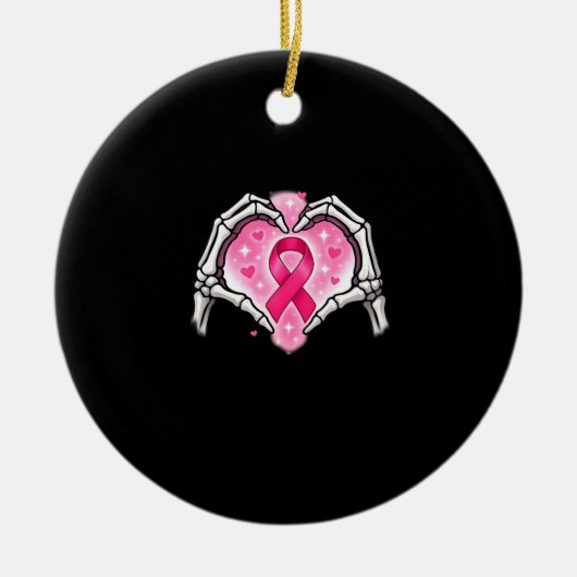 乳がん スケルトン ハート 手のサイン リボン賞 セラミックオーナメント (正面)