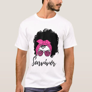 乳がんMessy Bun髪ピンクの生存者Aro Bl Tシャツ