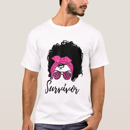 乳がんMessy Bun髪ピンクの生存者Aro Bl Tシャツ (正面)