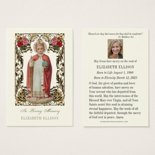 乳児のプラハ葬儀祈りの言葉カード (正面&裏面)