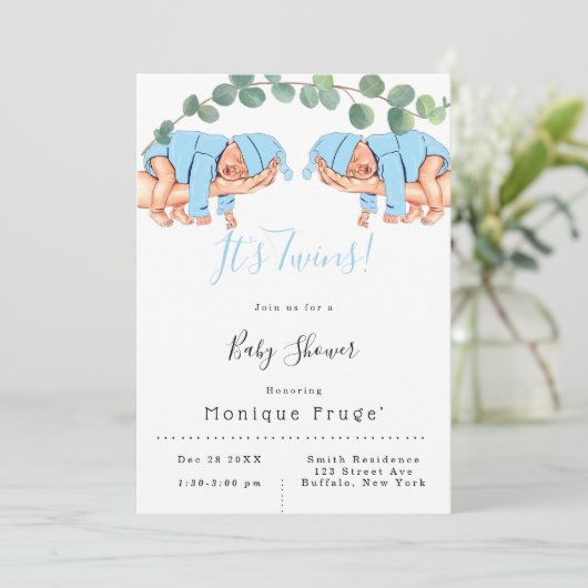 乳児の男の子ママの腕に双子の赤ちゃんシャワー 招待状 (スタンド正面)