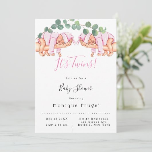 乳児ガールオンモミーの腕それは双子の赤ちゃんシャワー 招待状 (スタンド正面)