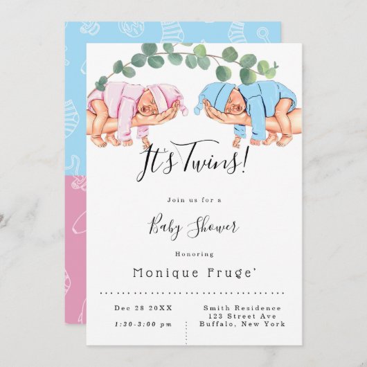 乳児ガールボーイMommy's Arm It's Twins Baby Shower 招待状 (正面/裏面)