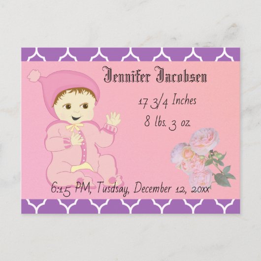 乳児ピンク色のベビーガールと花 ポストカード (正面)