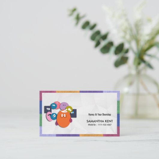 乳母のカラフルで好奇心が強い子供の名刺 名刺 (スタンド正面)