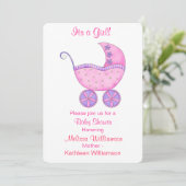 乳母車キャリッジその女の子ピンクの赤ちゃんシャワー 招待状 (スタンド正面)