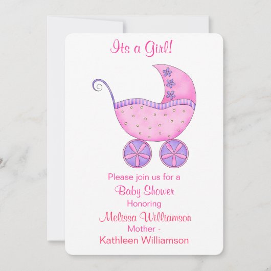 乳母車キャリッジその女の子ピンクの赤ちゃんシャワー 招待状 (正面)