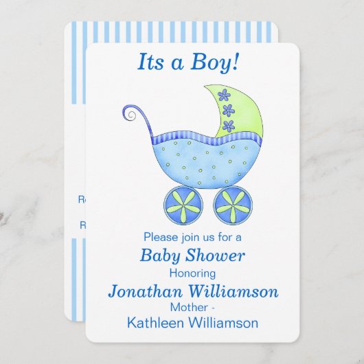 乳母車キャリッジその男の子の赤ちゃんシャワー招待状 招待状 (正面/裏面)