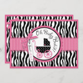 乳母車、シマウマのプリント及びショッキングピンクのベビーシャワー 招待状 (正面/裏面)