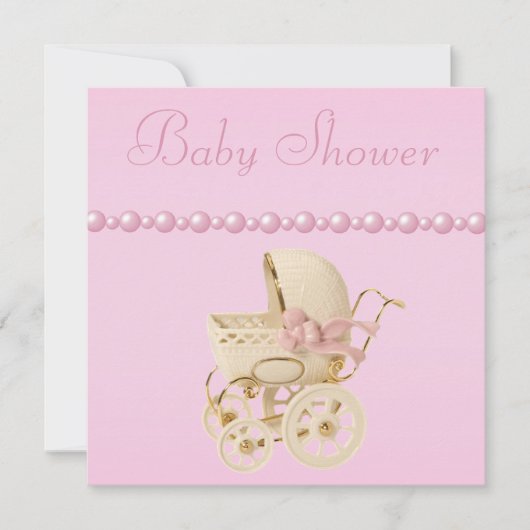 乳母車、靴、調停者は、ベビーシャワーを真珠で飾ります 招待状 (正面)