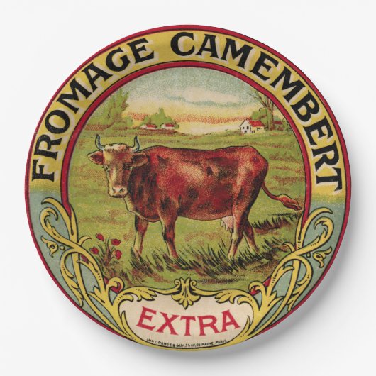 乳牛のピクニックプレートが付いているヴィンテージのフランスのなチーズ ペーパープレート (正面)
