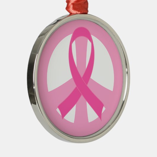 乳癌のピンクのリボンのピースサインのギフト メタルオーナメント (右)